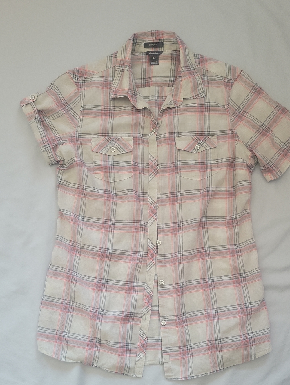 Eddie Bauer Short-Sleeve Plaid Button-Down Shirt - Peach & Cream